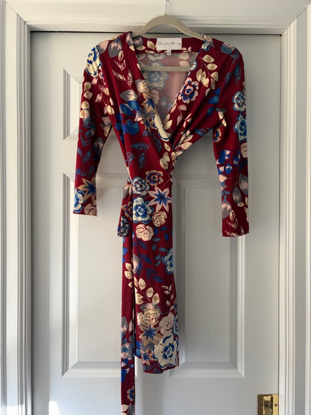 Charles Henry Burgundy Floral Wrap Dress with Blue & Cream Blooms